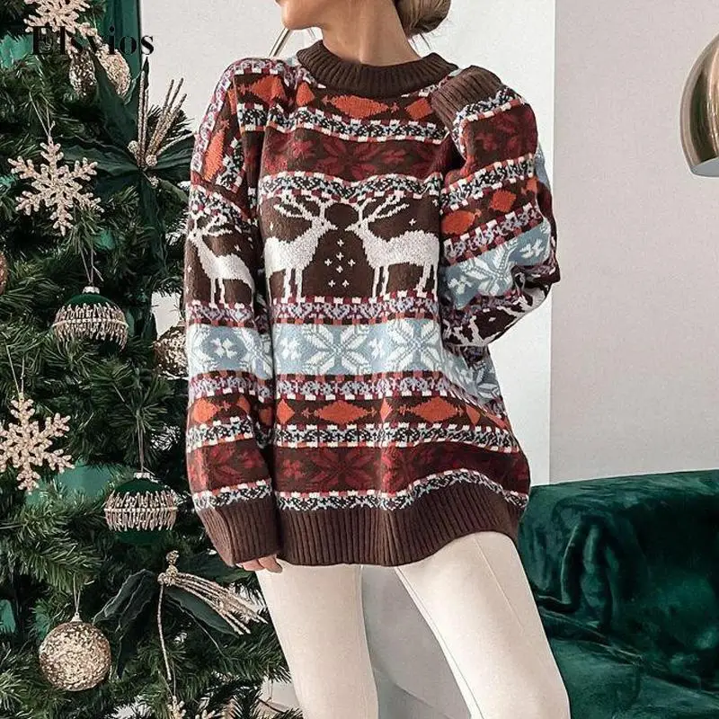 

Christmas Theme Jacquard Sweater Jumper Women Casual Loose O Neck Knitted Sweaters 2022 Autumn Winter Long Sleeve Tops Pullover
