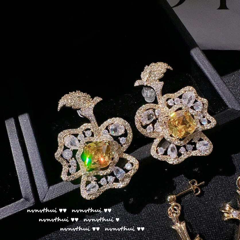 

Fashion court colorful treasure flower earrings European gorgeous women yellow floral shiny banquet jewelry