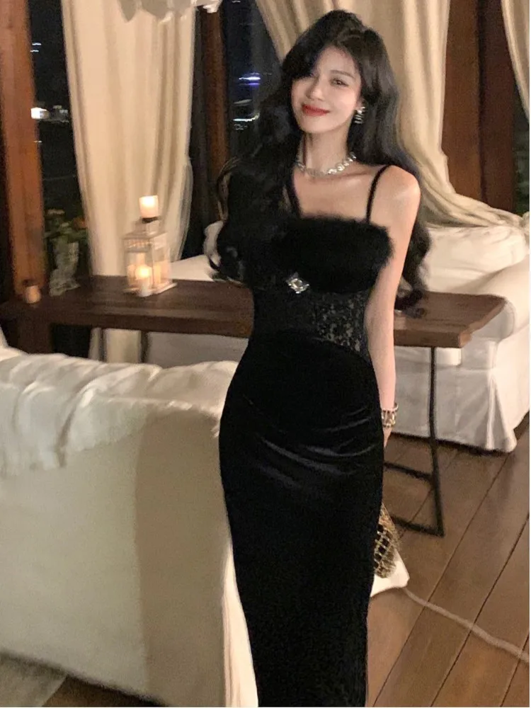 

Elegant Women Spaghetti Strap Evening Party Midi Dresses Lady Sexy Feather Bodycon French One Pieces Vestidos Fashion Prom Robe