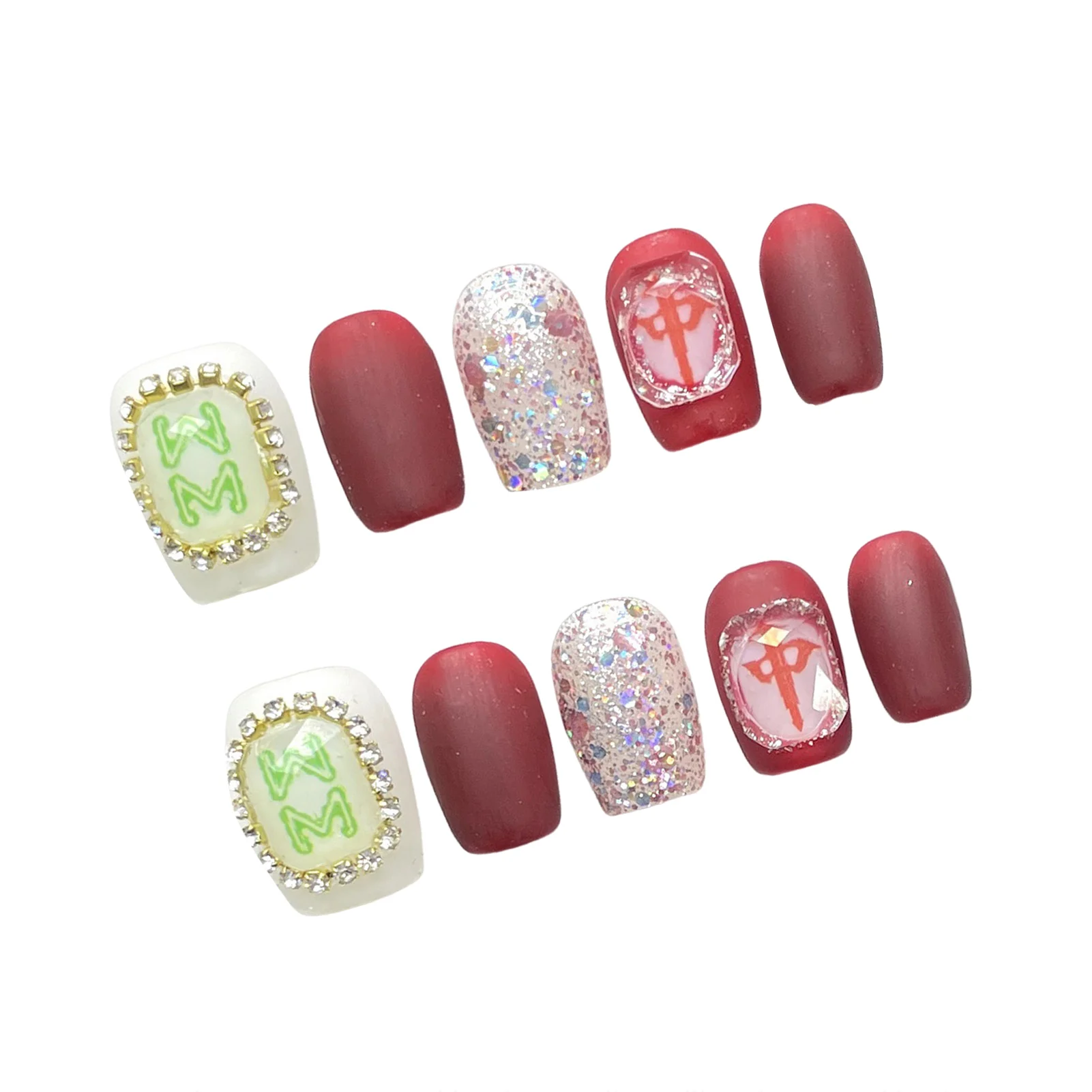 Красные накладные ногти ручной работы в китайском стиле маджонг полное покрытие