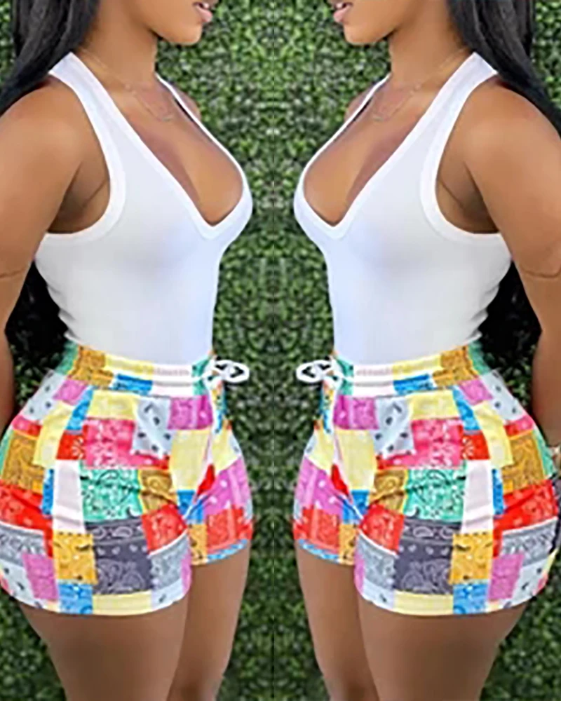 

2022 Summer New Femme Casual Solid Sleeveless Tank Top Women Two Pieces SetAll Over Print Drawstring Shorts Set Lady Clothing