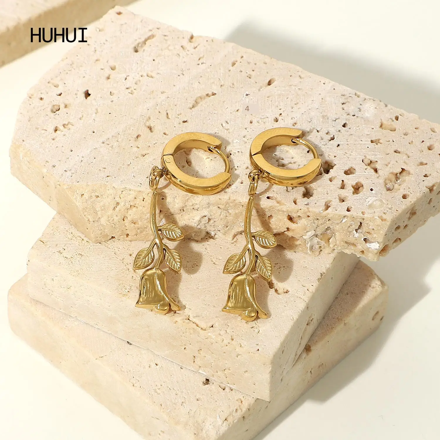 

HUHUI кубические серьги-подвески в виде Розы, 14 К позолоченные серьги из нержавеющей стали с твердыми цветами, ювелирные изделия для женщин, по...