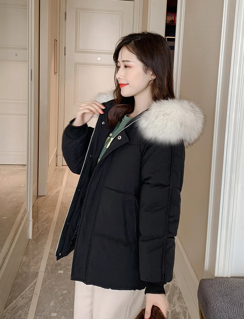 Loose Fur Collar Parkas Women Autumn Winter Thick Warm Down Coats Solid Color Zippers Hooded Outwear Urban Women Commute Jackets