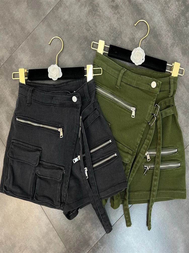 

Женские джинсовые шорты на молнии, со скошенными карманами и шнуровкой, 2022