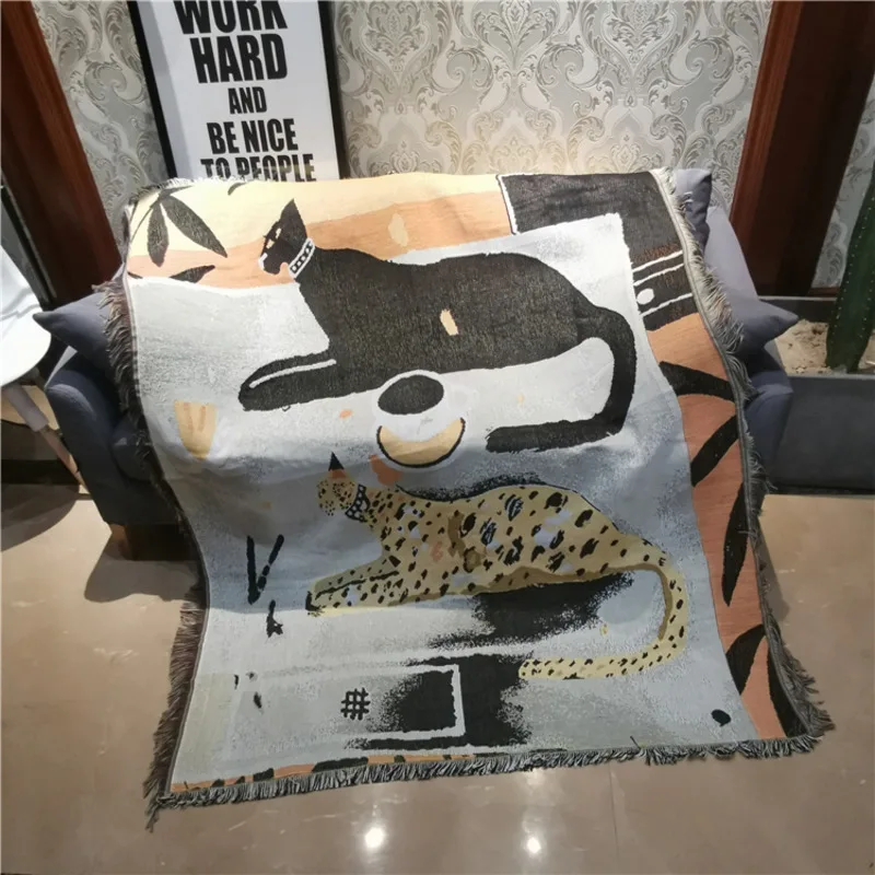 

Leopard Couch Blanket Woven Thread Throws Blankets Nordic Cartoon Illustration Wall Carpet Tassels Room Aesthetic Sofa Cover Mat
