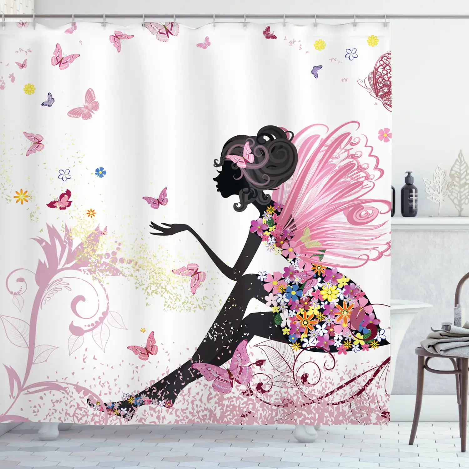

Pink Butterfly Girl Shower Curtain Extra Long 84 Inch