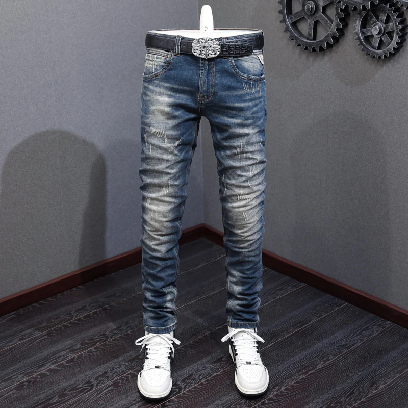 Newly Designer Fashion Men Jeans High Quality Retro Blue Elastic Slim Fit Ripped Jeans Men Trousers Vintage Denim Pants Hombre