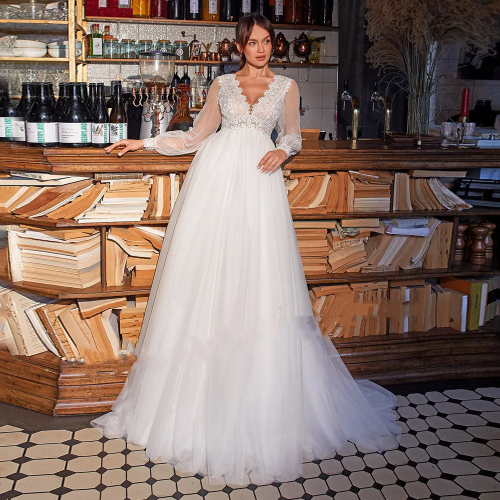 

Vintage Deep V-Neck Wedding Dress 2022 Long Sleeve Lace Appliques Illusion Sweep Train for Bride Gown Tulle Backless Custom Made