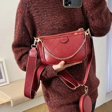 

3 in 1 women purses and handbags wine red PU leather crossbody for women 2021 Dropshiping Lingge Bag Messenger Bag