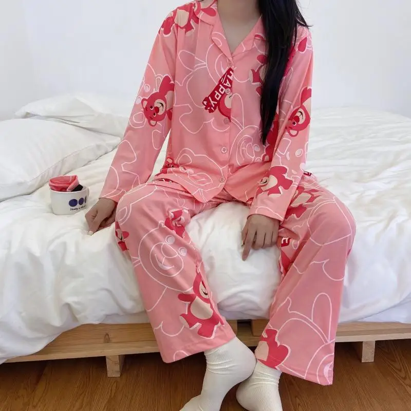 

Kawaii Cute Lotso Pajamas Home Wear Cardigan Long Sleeved Trousers Two Piece Set Cotton Ins Girl Birthday Gift For Girlfriend