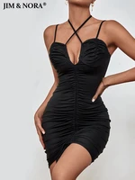 jim nora 2022 sexy spaghetti strap backless halter soild dress women hollow out bodycon cocktail party night club mini dresses