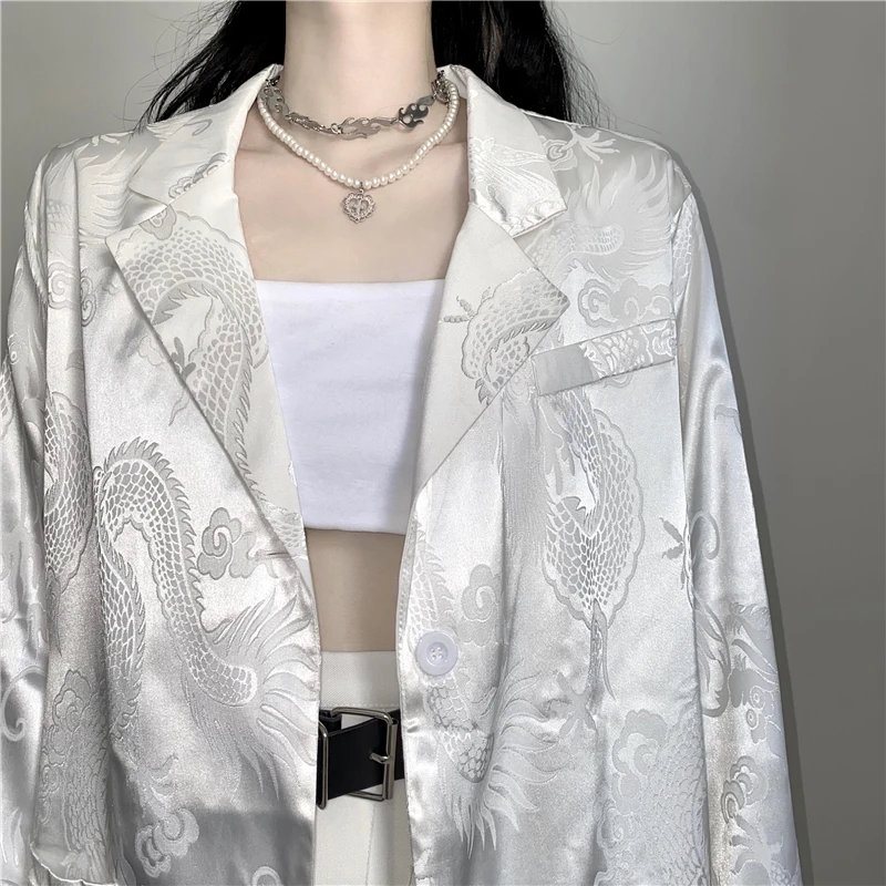 

2023 Retro Long Sleeve Thin Loose Blazers Coat Streetwear New Blazer Women Korean Fashion Casual Gothic Vintage Dragon Jacket
