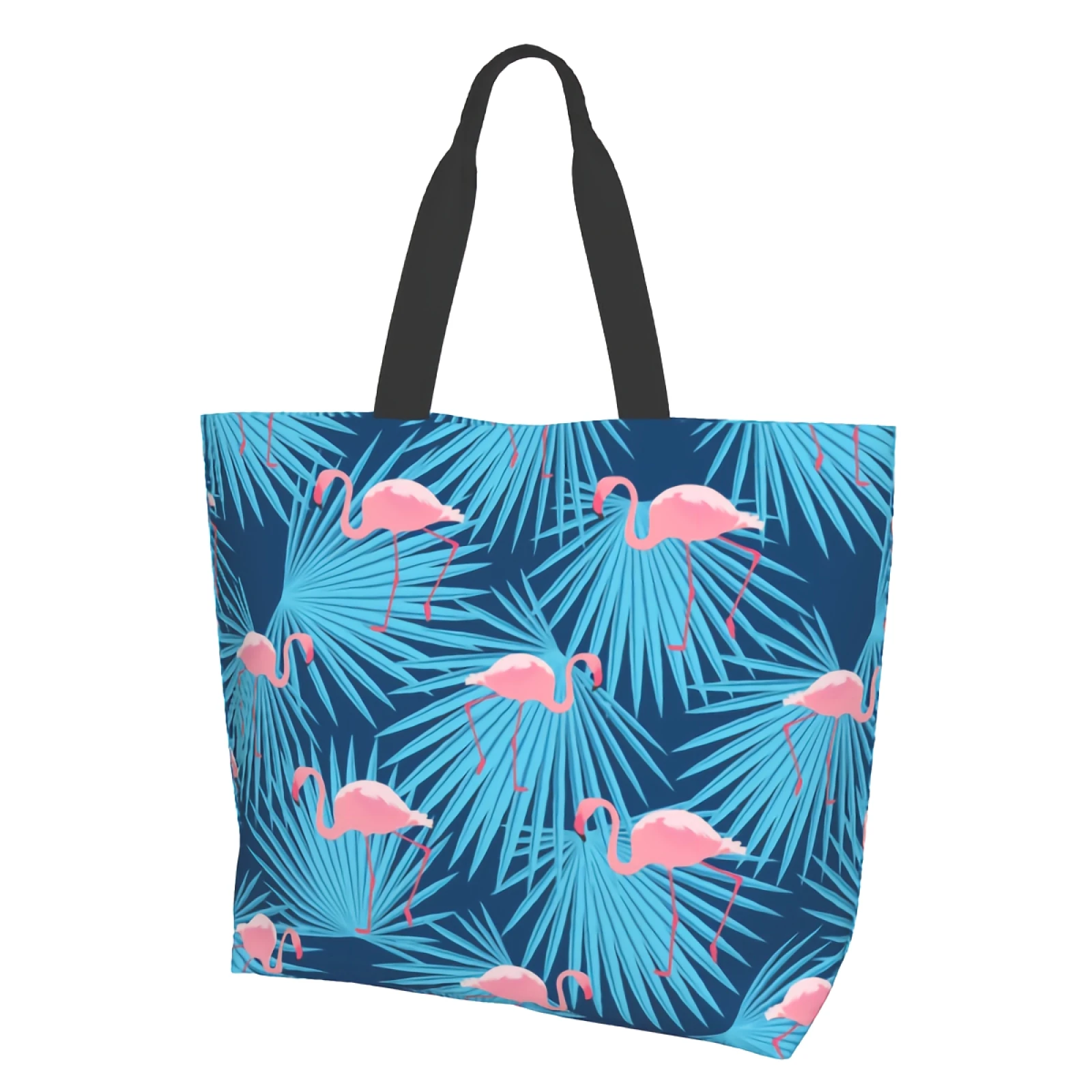 

Pink Flamingos and Palm Leaves Shopping Travel Storage Tote Lightweight Washable Shoulder Bags Handbag with Inside Pockets