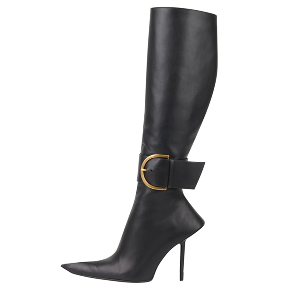 Fashion Style New Women Knee Stilettos Boots Sexy Boots Pointed Toe Party Shoes Ankle Big Buckle Strap Zipper Party Big Size