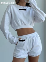 iamsure casual streetwear solid short set women 2022 basic loose tracksuits 2 piece sets cropped sweatshirts mid waisted shorts