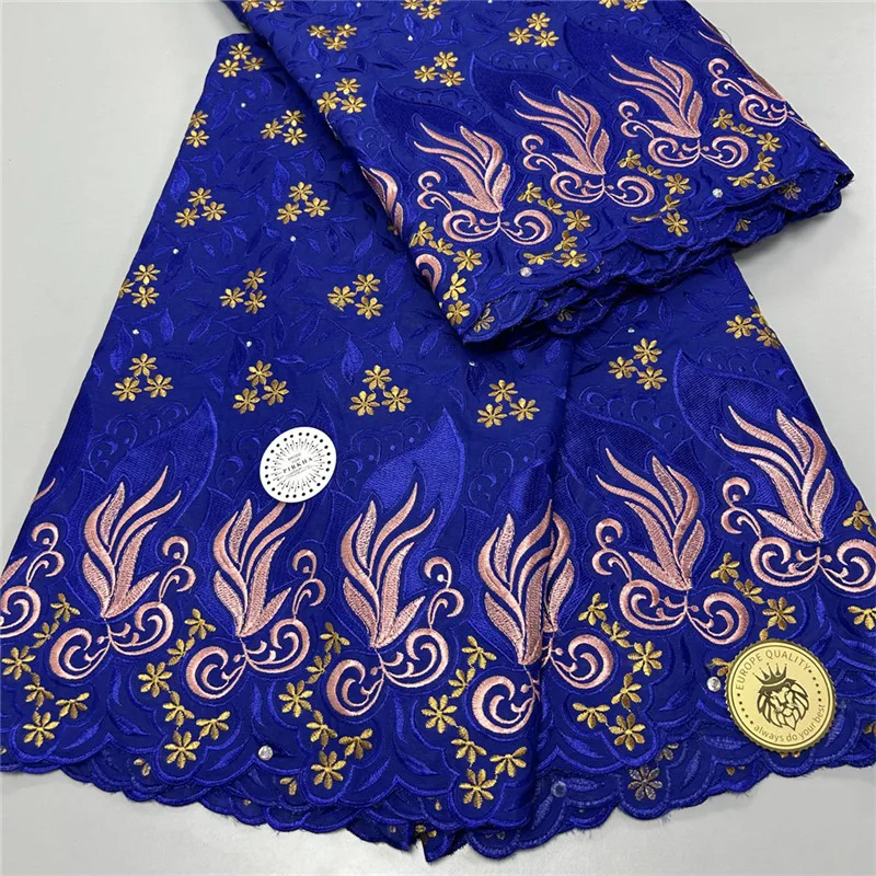 

Royal Blue Lace Fabric High Quality 100% Cotton Embroidery Fabric With Stones African Swiss Voile Lace For Wedding Party 1576