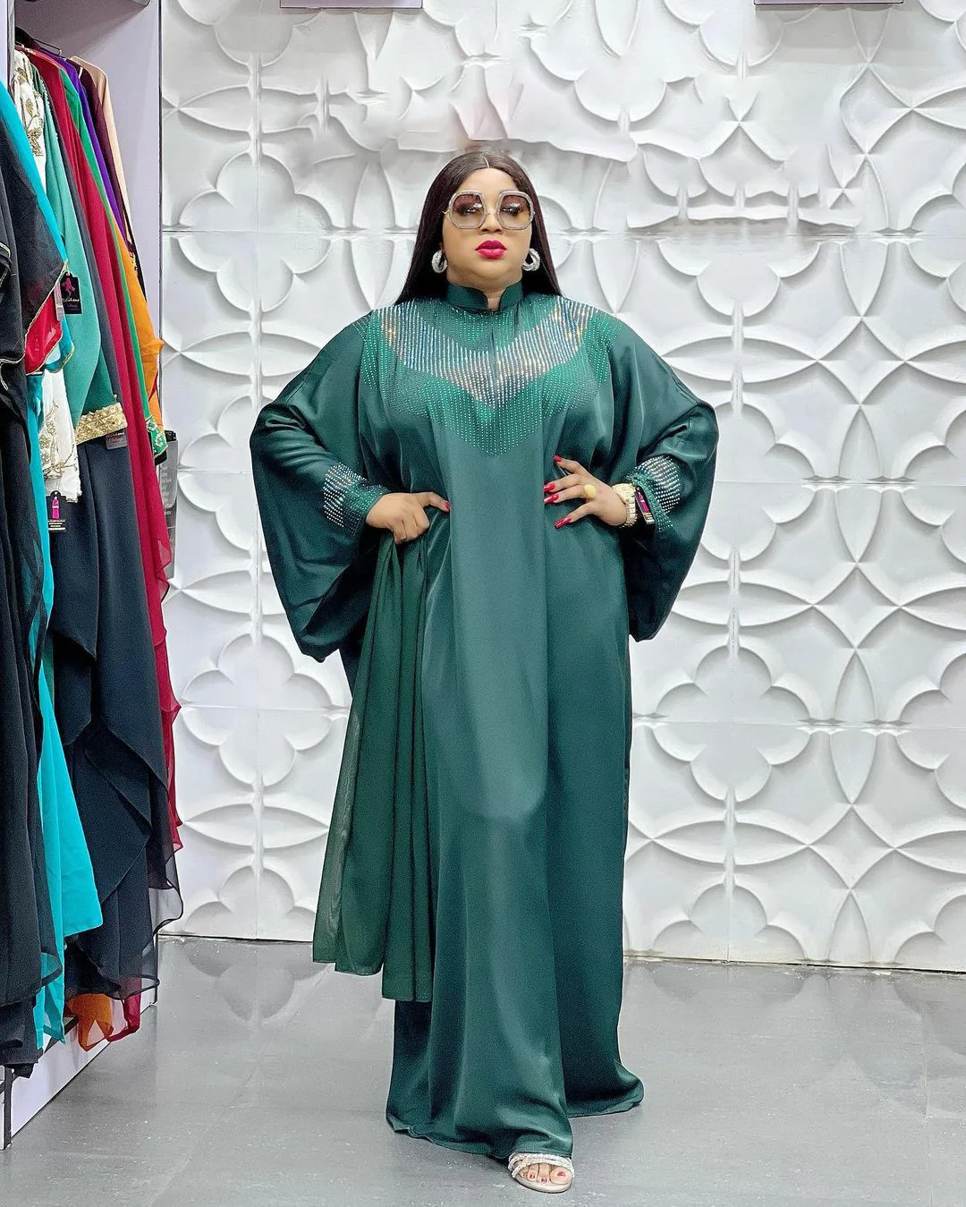 

Spring Summer Fashion Style African Women Long Sleeve V-neck Green Polyester Long Dress African Dresses for Women Abaya