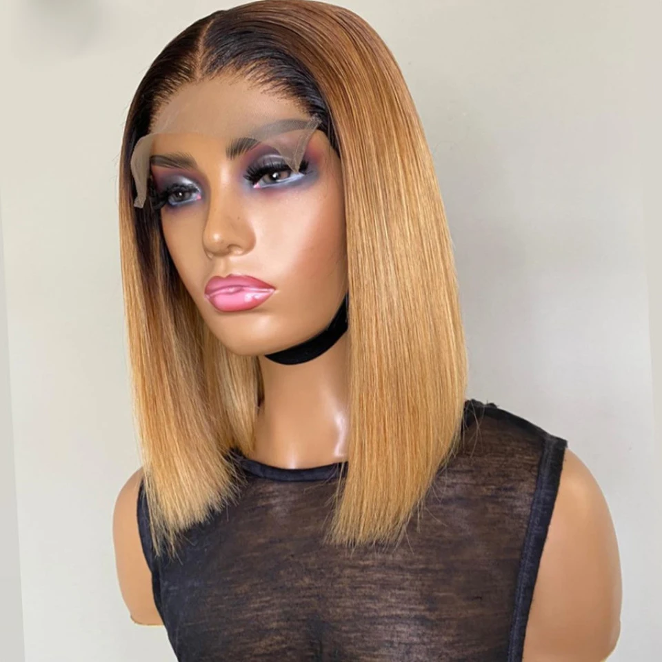 1B27 Ombre Blonde Straight Short Bob Human Hair Wig Pre Plucked  13x4 HD Lace Front Wig For Women Baby Hair Glueless