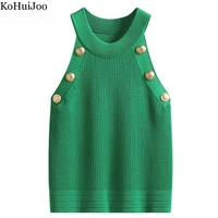 kohuijoo summer women sexy tops korean metal button sleeveless womens slim short slim fashion off shoulder knitted top