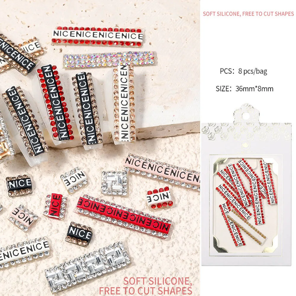 

8Pcs/Bag Soft Silicone Nail Art Charms Rhinestones 36x8mm Long Strip Easy To Cut Nail DIY Crafts For 3D Gel Polish Nail Supplies