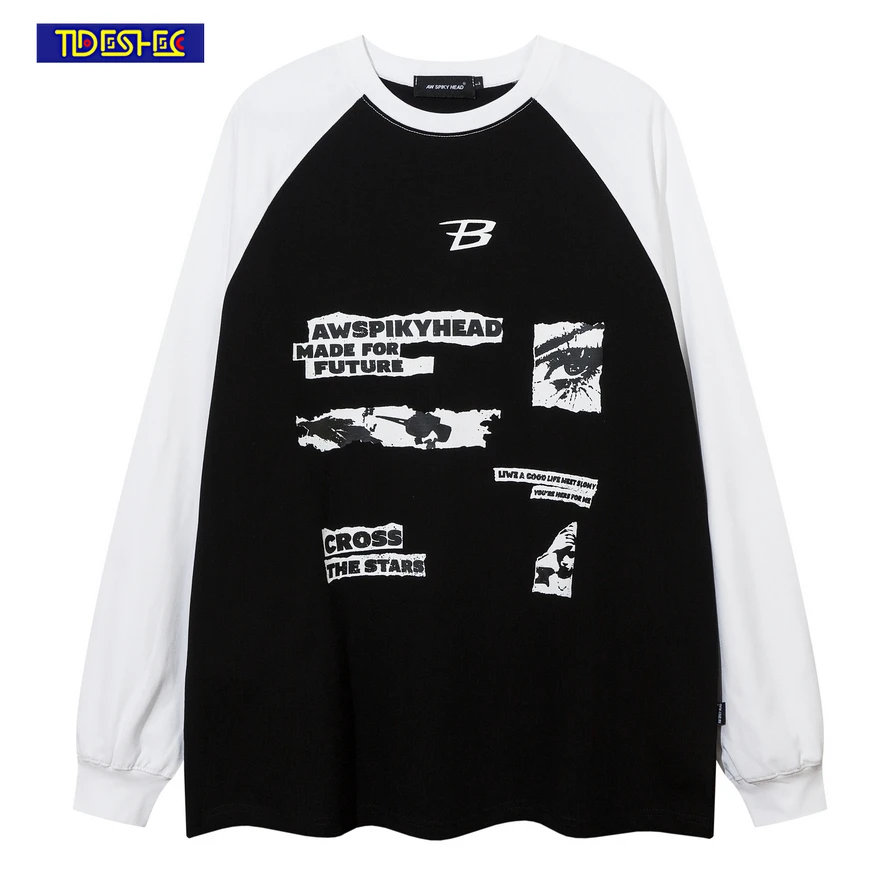 

Harajuku Cotton Letter Print Long Sleeve Women Oversized Y2k Patchwork Color Korean Style Fashion Streetwear Vintage Sweatshirt