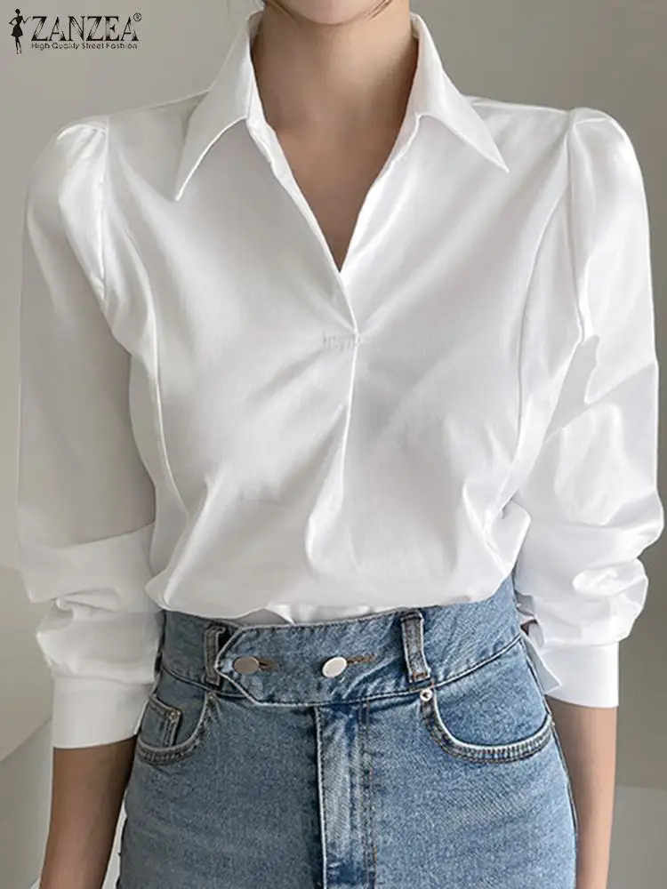 

ZANZEA Casual Loose Office Lady Tops Women Long Sleeve Shirt Elegant Turn Down Collar Blusas Solid Waisted Blouse 2023 Autumn