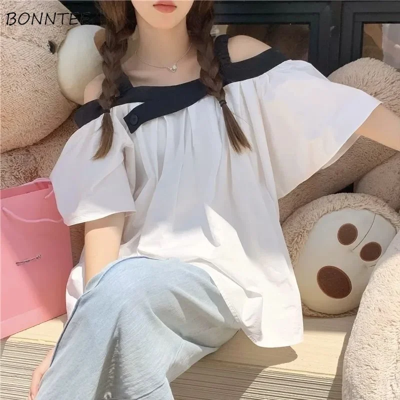 

Baggy Blouses Women Summer Off-shoulder Sweet Panelled Chic Aesthetic Korean Style New 2023 Irregular Designed Chic Student Tops