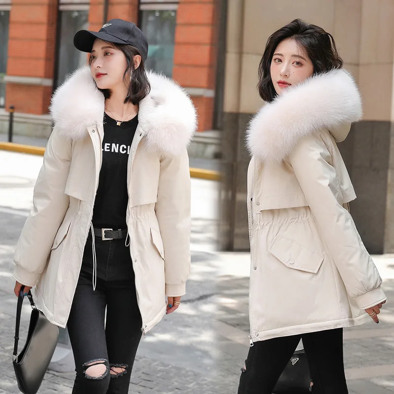 Women Parkas Long Sleeve with Fur Collar Warm Snow Wear Padded Fashion 2022 New Hooded Coat Winter Jacket  Houthion