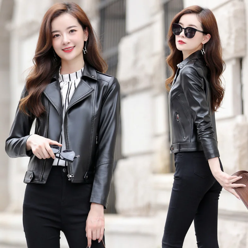 100% genuine real Autumn 2023 New Korean Versatile Stand Collar Short Sheepskin Single Large Women's Slim Leather Coat