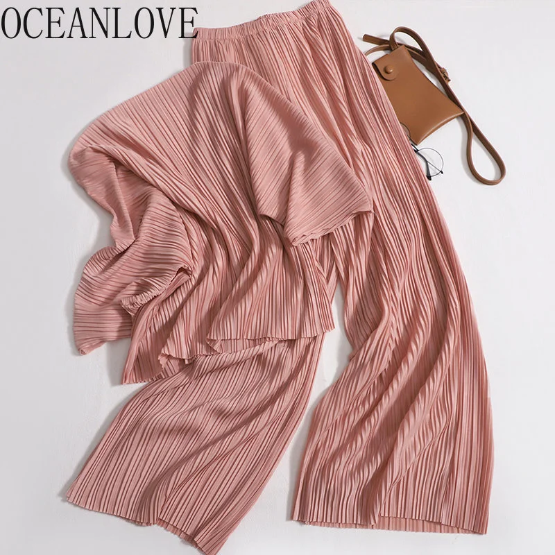 

Pant Sets Spring Summer Korean ashion Solid 2 Piece Sets Women Outit Pleated Casual Loose Conjuntos De Pantalon