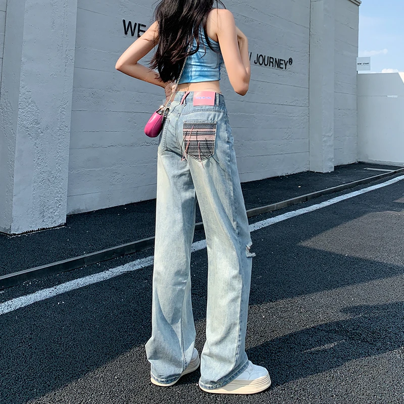 Jeans Women's Blue Commuter Spring/Summer Perforated Thin High Waist Wide Leg Pants New Small Straight Floor Dragging Pants