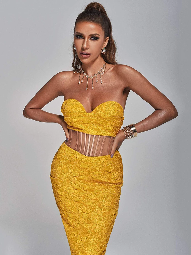 

Sexy See Through Boned Corset Strapless Party Bodycon Long Dresses Women Elegant Celebrity Evening Golden Maxi Dress