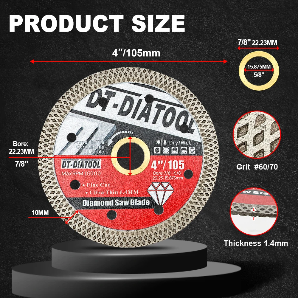 DT-DIATOOL Алмазный отрезной диск Супердина Сетчатое лезвие Резак для плитки Мраморный камень Керамический фарфоровый диск Полотно для сухой и влажной пилы