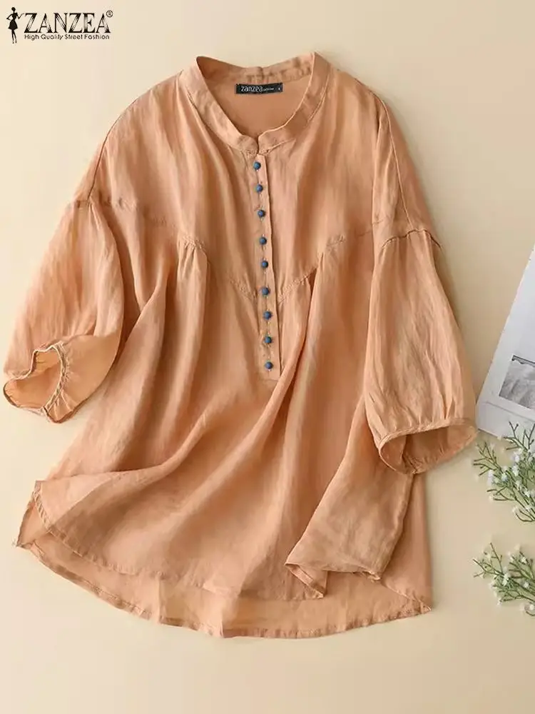 

ZANZEA Casual Loose Buttons Colorblock Shirt Women Elegant Solid Blouse 2023 Summer Stand Collar Top Chic 3/4 Puff Sleeve Blusas
