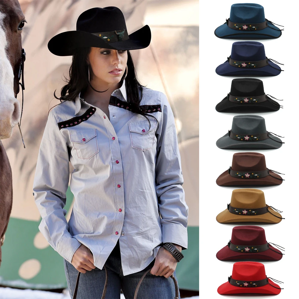 

Men Women Woolen Western Cowboy Hats Wide Brim Sunhats Party Travel Sombrero Outdoor Caps Classical Retro US Size 7 1/4 UK L