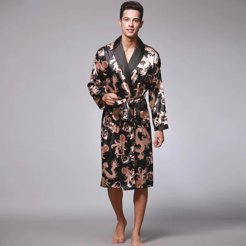 

Men Silk Summer and Autumn Satin Kimono Batrobe olden Draon Knee Lent Lon Sleeve Black Bat Robe Dressin own Sleepwear