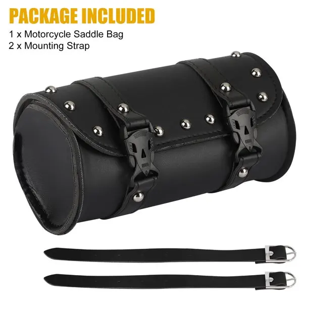 

Motorcycle Saddle Bag PU Leather Storage Bag With Rivet Waterproof Saddlebags With 2 Buckle Straps Motorcycle Tool Fork Bag