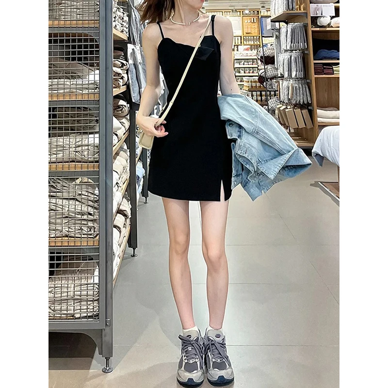 

Black Sleeveless Dress Women Spaghetti Strap Dresses Summer 2023 Korean Style Irregular High Waist A-line Casual Chic Vestidos