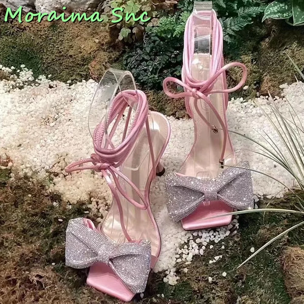 Bling Butterfly Knot Square Toe Sandals Lace Up Ankle Strap Stiletto High Heel Women Shoes Summer 2023 New Arrivals Pink Solid