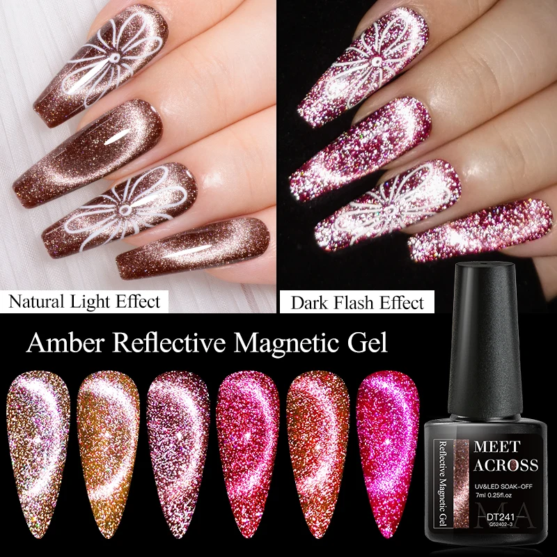 

MEET ACROSS 7ml Amber Reflective Magnetic Gel Nail Polish Autumn Glitter Gel For Manicure Semi Permanent Varnish UV Gel Nail Art
