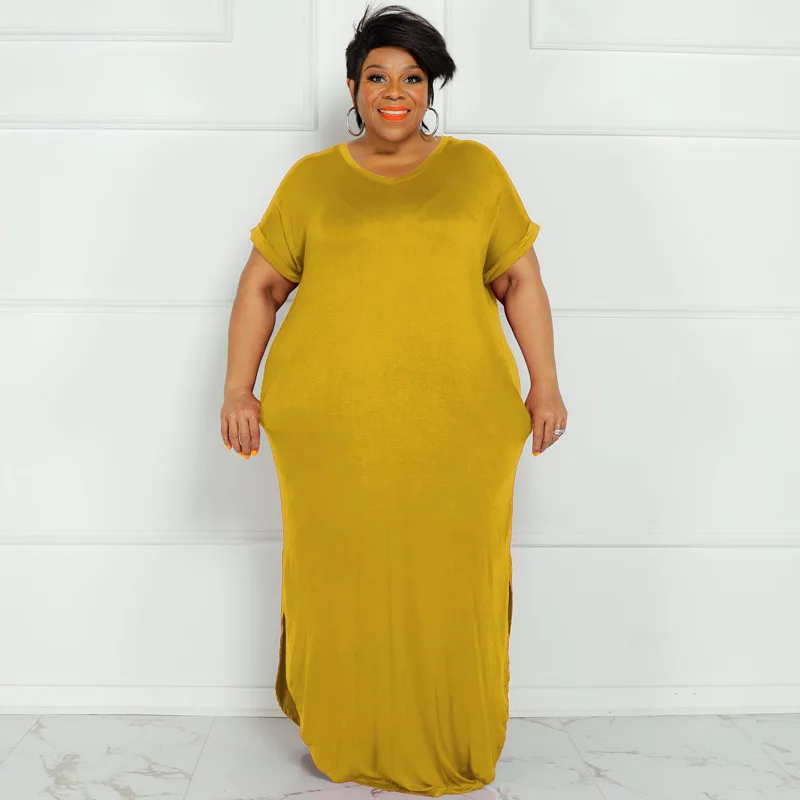

Basics Plus Size Batwing Sleeve Slit Hem Dress 2022 Summer Casual Ladies Clothing Women Home Wear Long Dresses