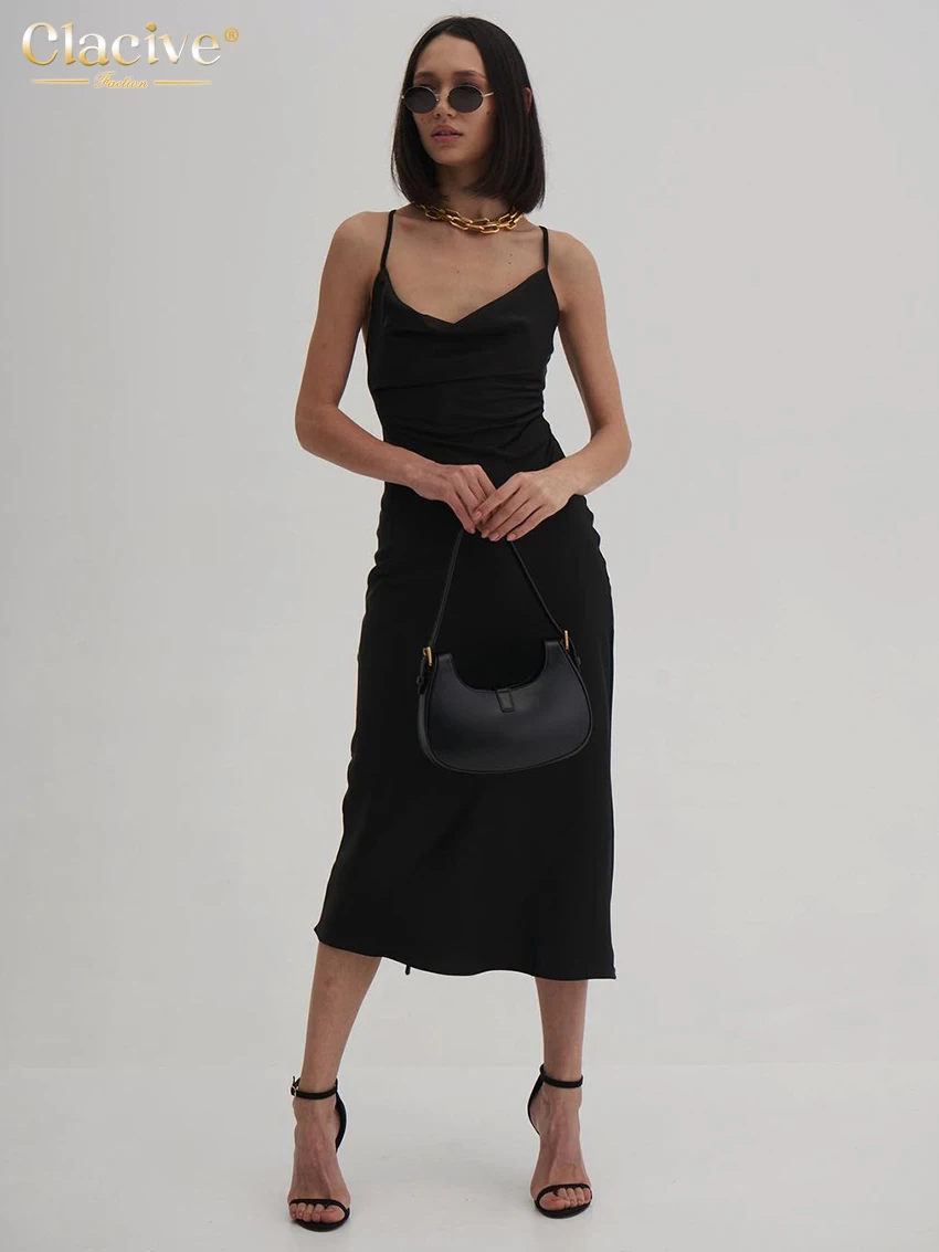 

Clacive Women Sexy Spaghetti Strap Satin Black Dress Bodycon Sleeveless Simple Midi Dresses Elegant Classic Female Summer Dress
