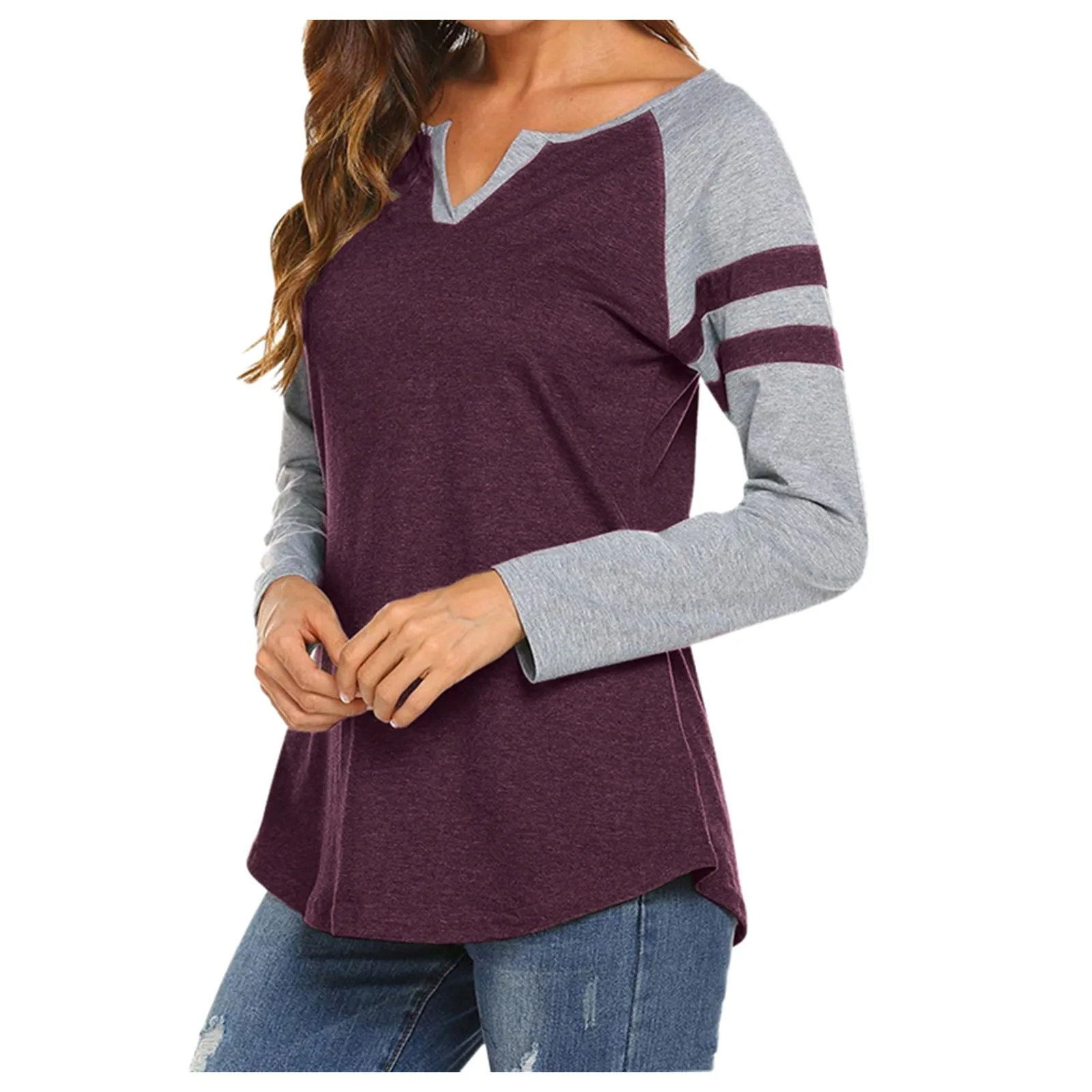 

Striped Top Color Spring T-Shirt 2021 V-Neck Matching Stitching Multicolor Women's Womens Tees Shirts Running Undershirt Women
