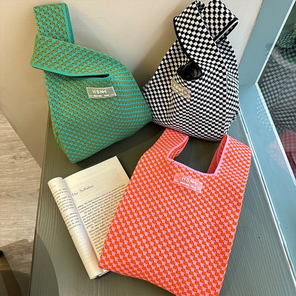 

New Fashion Diamond Grid Knitted Bag Versatile Handbag Student Shoulder Bag Campus Tote Bag Candy Color Women'S Bags Wholesale
