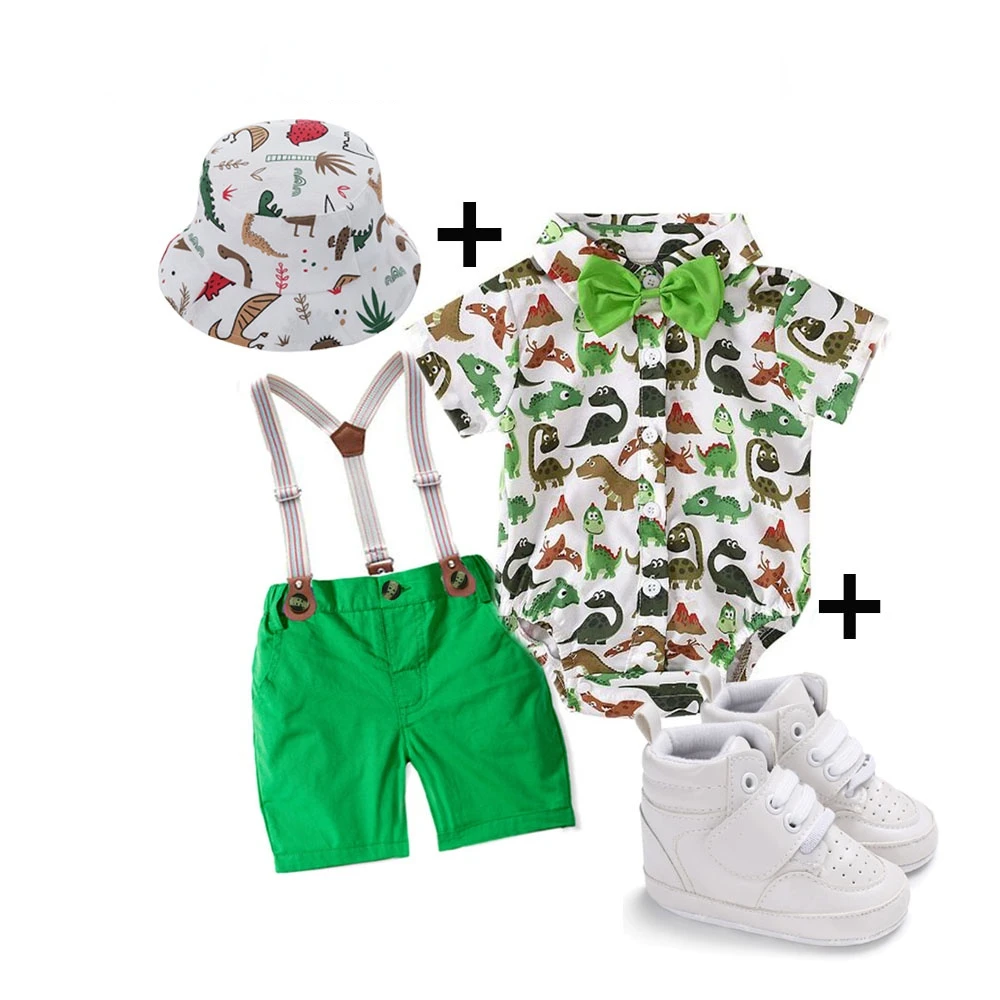 Baby Boy Clothes Birthday Outfit Cake Smash Romper Suspender Shoes Hat Dinosaur Them  Holiday Photograph  0-18M