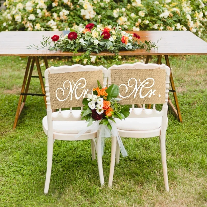 2Pcs/set Burlap Mr. & Mrs. Chair Banners Romantic Hanging Chair Sign Flag Rustic Khaki Wedding Party Photo Prop Decoration