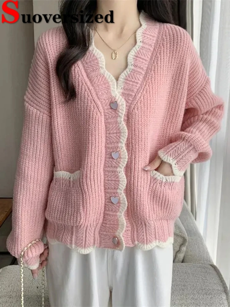

Korean Sweet V-neck Knitted Cardigan Spring Fall Women Coat Elegant Loose Jackets Casual Knitwears New Sweater Chaquetas Gilet