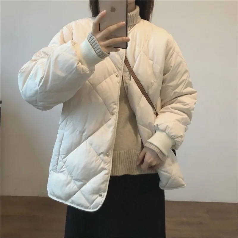 

Light Diamond Plaid Bread Jacket Outwear Casual Jackets Solid Tops All-Match Simple Stylish Warm Women Coat Loose Thicken Ins
