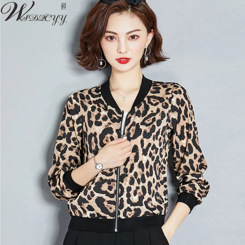 

Women Leopard Print Bomber Coat Spring Summer Long Sleeve Baseball Jacket Ladies Casual Stand Collar Cropped Outwear Sunscreen