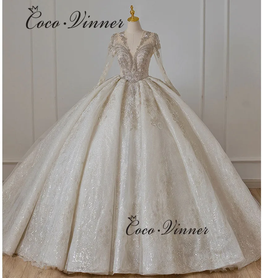 

Роскошное Свадебное платье принцессы в американском и европейском стиле с V-образным вырезом и длинными рукавами бальное платье со шлейфом ...